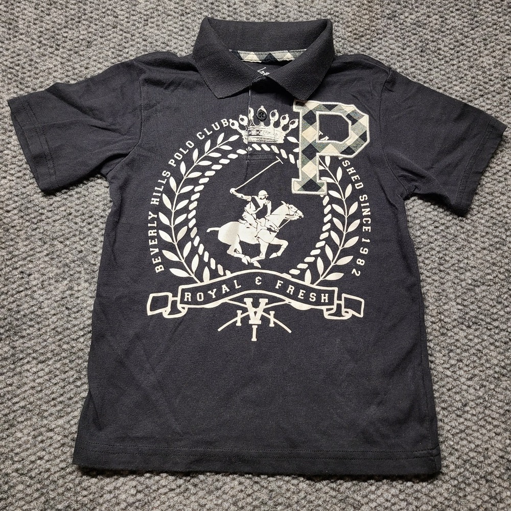 Beverly Hills Polo Club Golf Shirt Boys S (4) Black Graphic Crown Crest BIG PONY